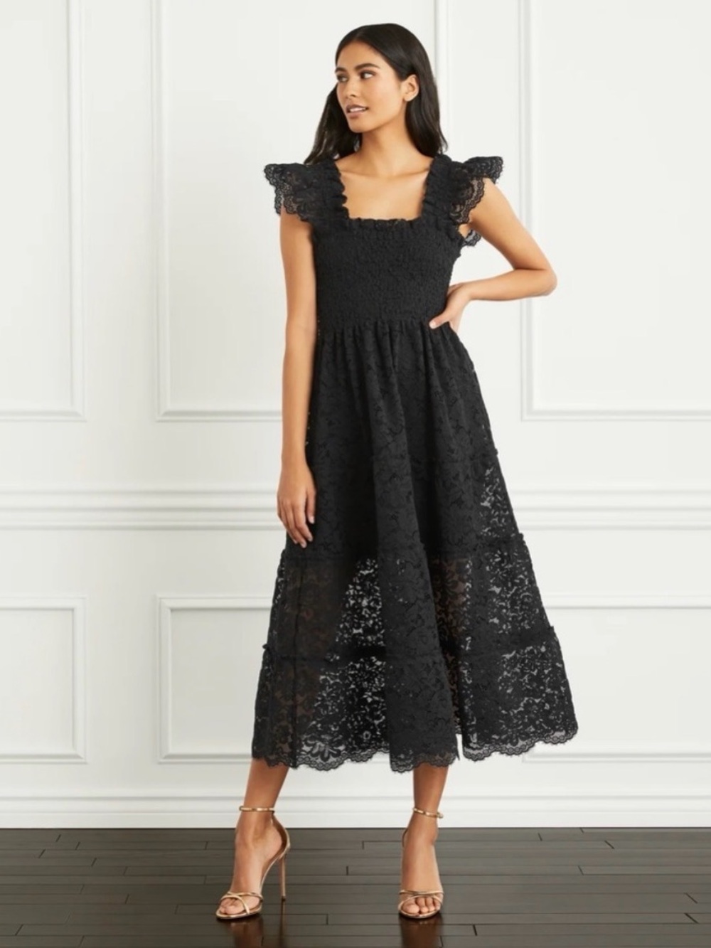 Hill House Home The Nap Dreds Black Lace Midi Dress with Ruffle Cap Sleeves